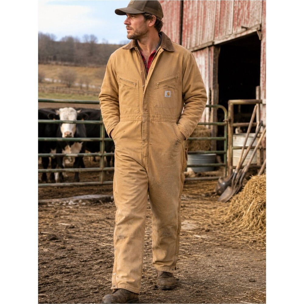 Carhartt Insulated Coveralls Men 42R Tan Duck Canvas USA Vintage Workwear